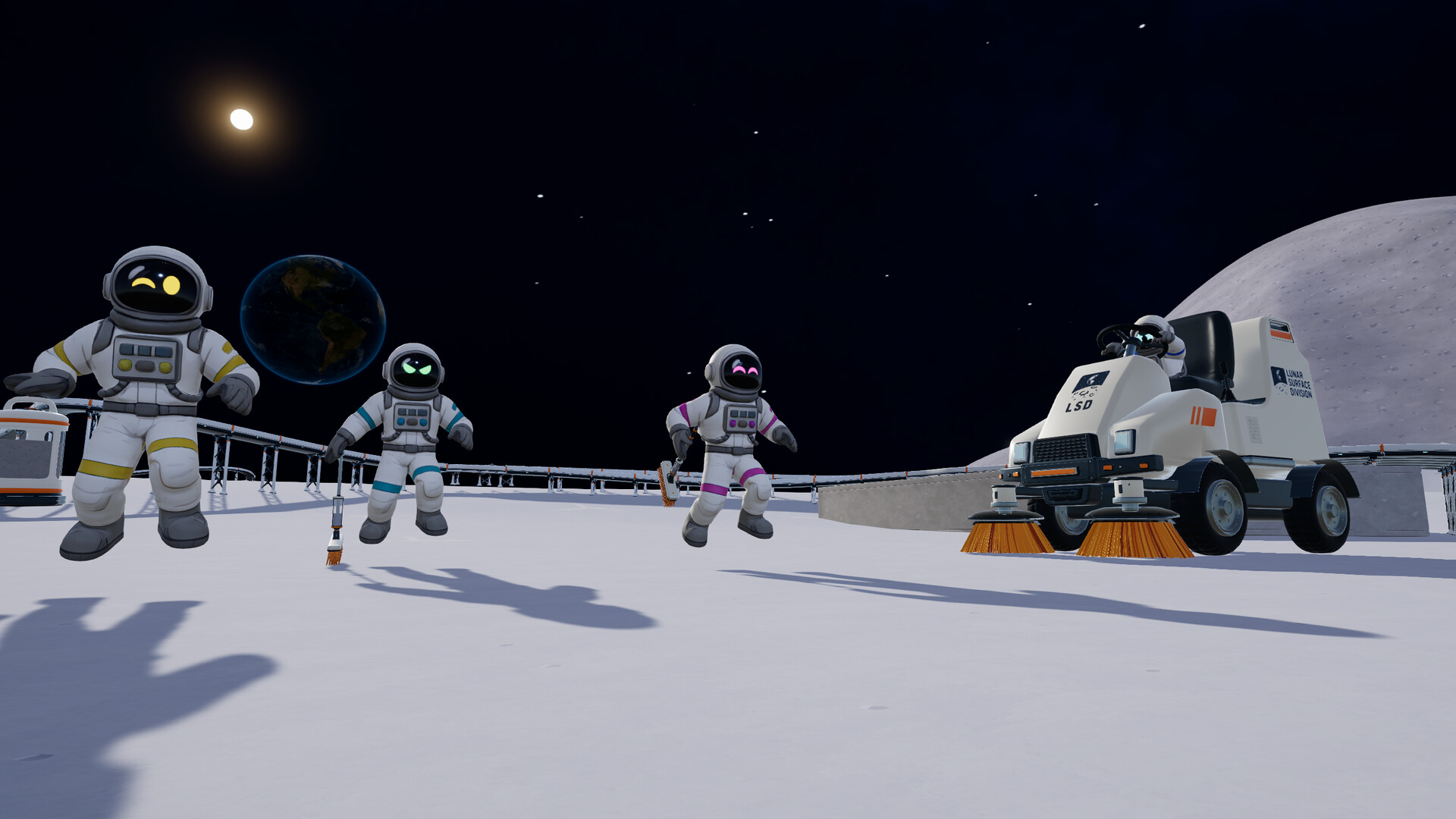 Several astronauts and a cleaning vehicle working on a lunar platform