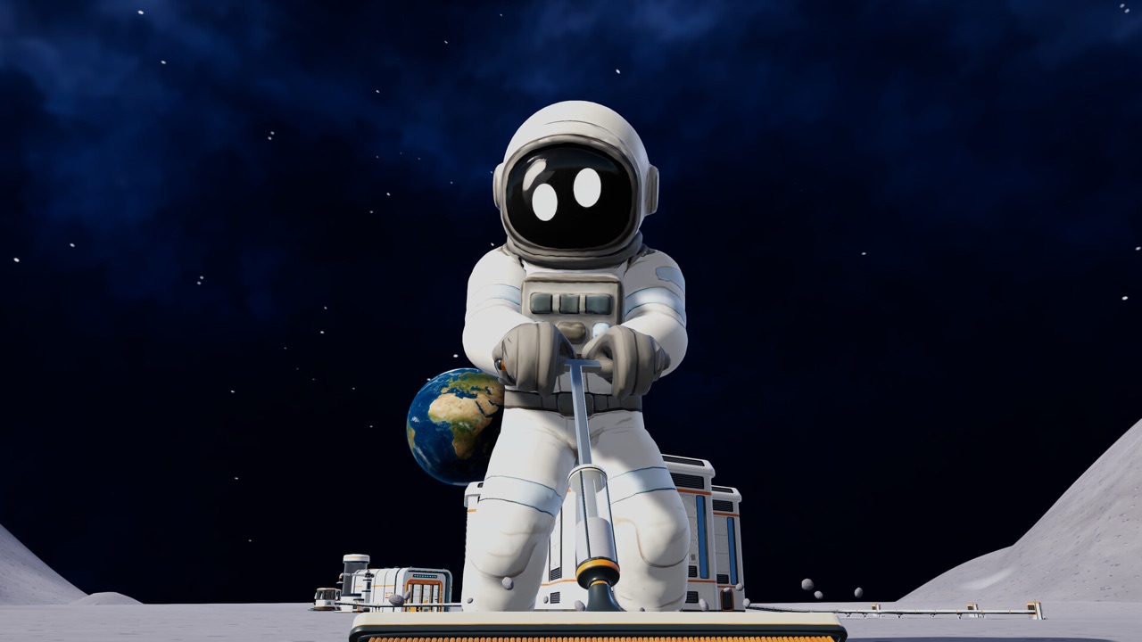 An astronaut holding a toothbrush-like cleaning tool on the lunar surface, with Earth behind