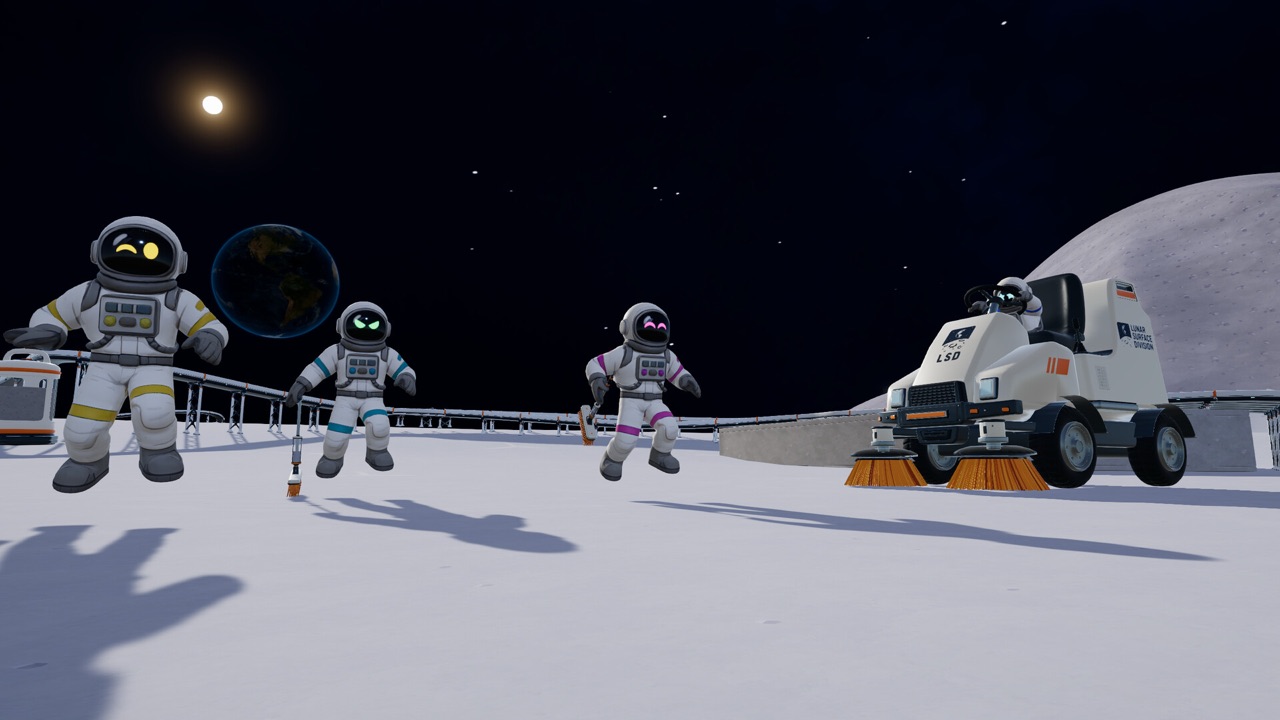 Several astronauts and a cleaning vehicle working on a lunar platform