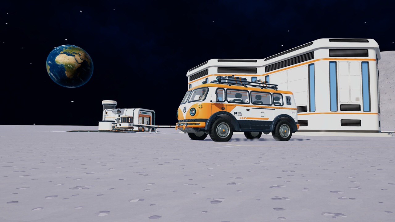 An orange and white van parked beside a lunar building, with Earth in the sky