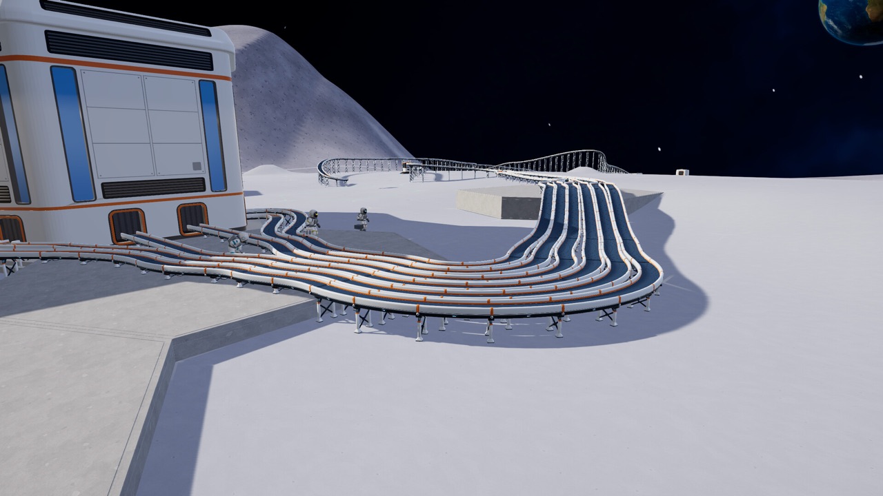 Curving tracks running past a lunar building