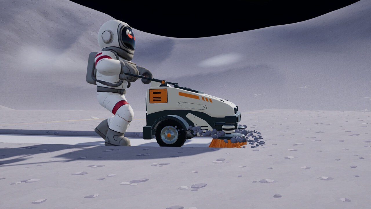 An astronaut pushing a small sweeper across the lunar surface
