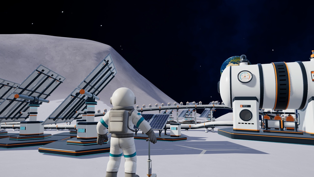 An astronaut beside solar panels and a cylindrical module