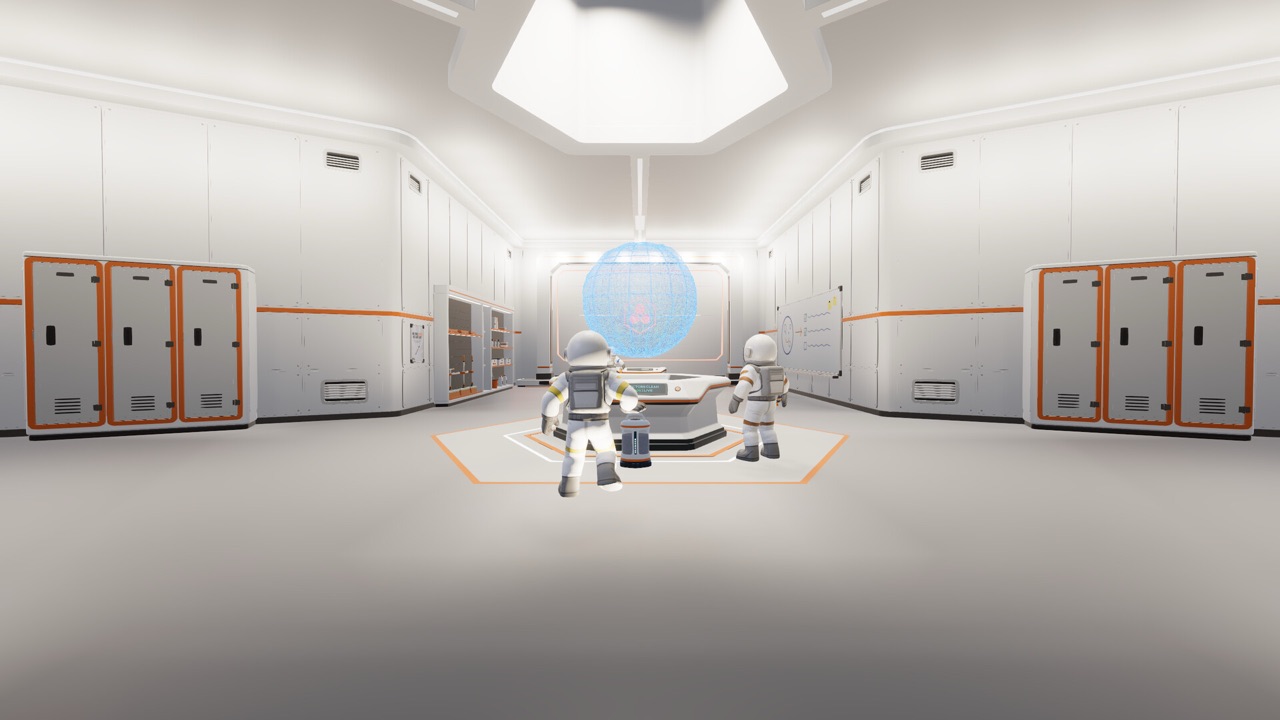 Astronauts inside a white interior room with lockers
