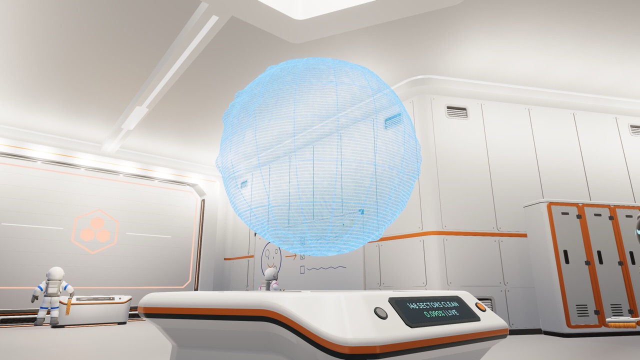 A holographic globe inside a white interior room